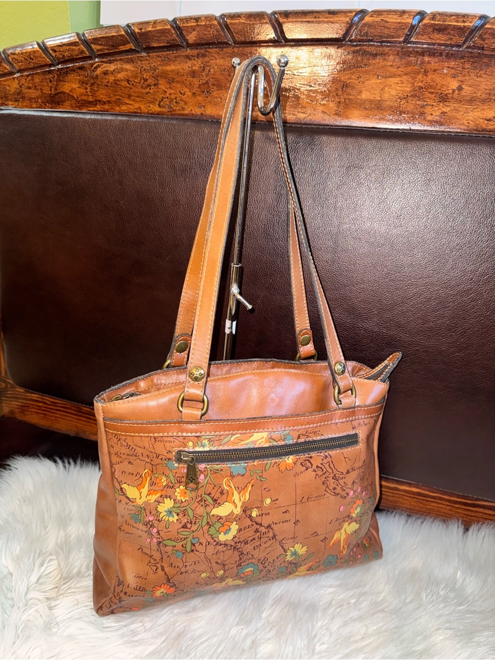 Patricia Nash Tan Floral Print Leather Shoulder Bag
